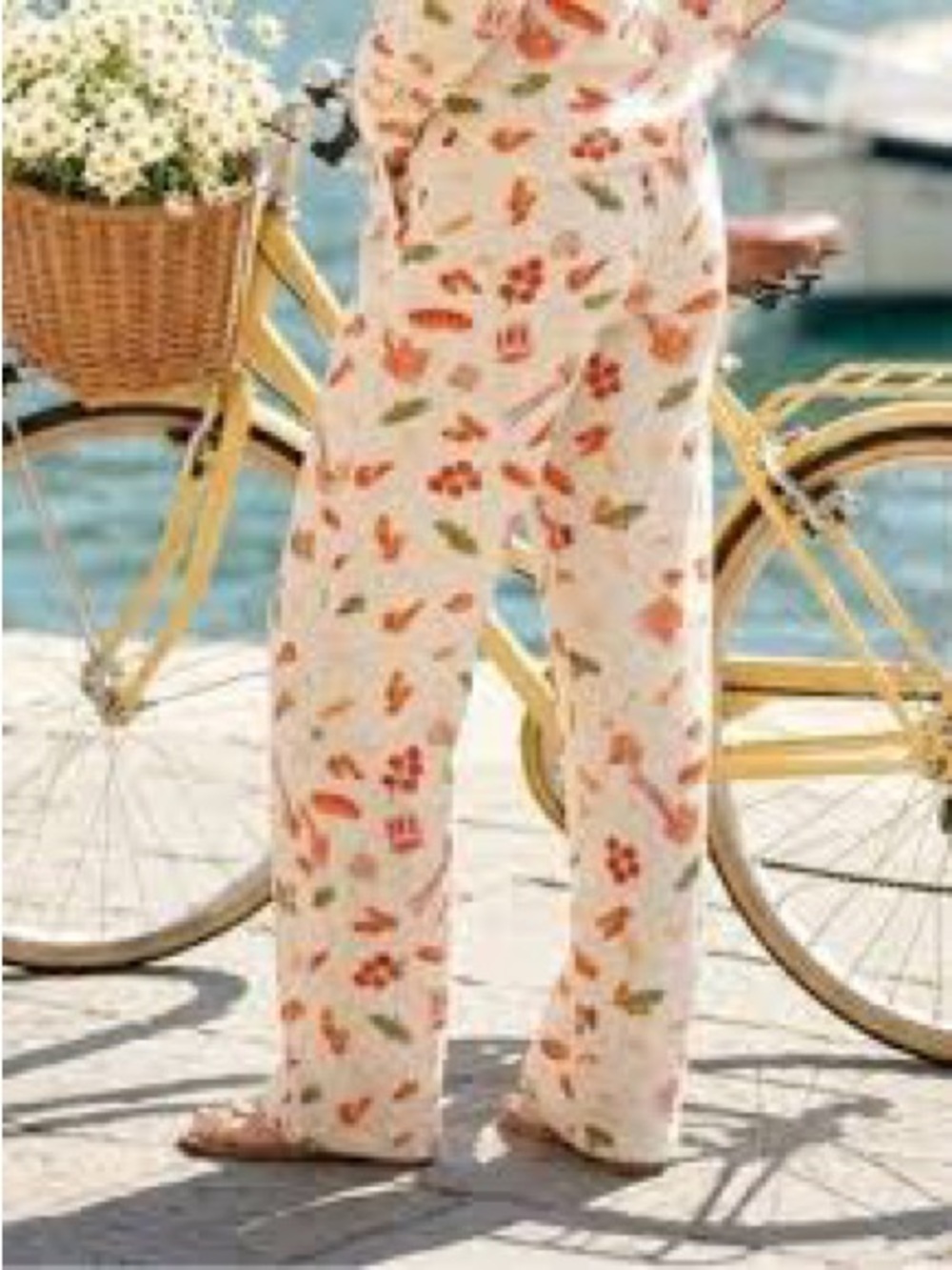 Angel Kiss Cream Floral Wide-Leg Pants with Orange & Green Print